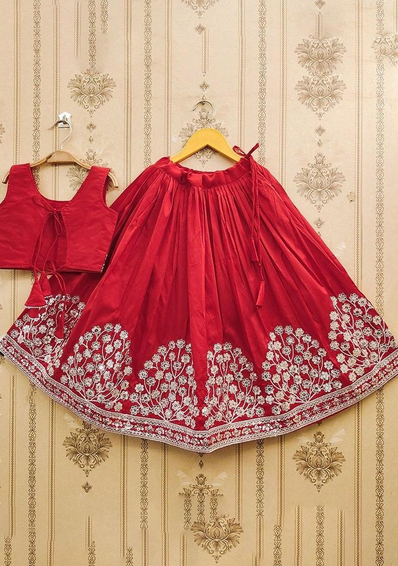 Red Embroidered Blended Lehenga Choli For Girls - Indya