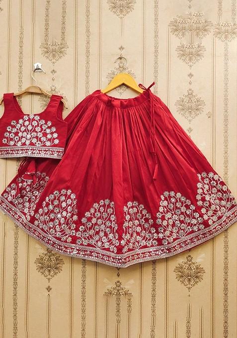 Red Embroidered Blended Lehenga Choli For Girls