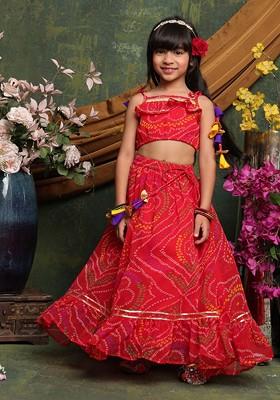 Red Printed Blended Lehenga Choli For Girls