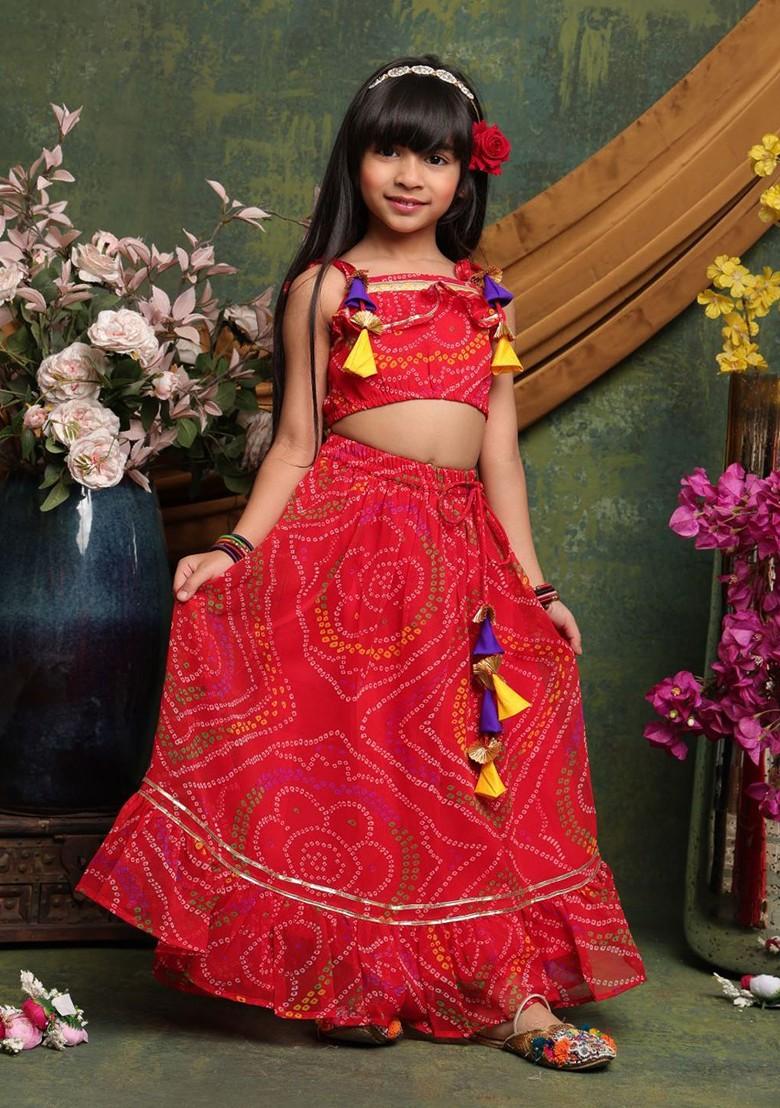 Red Printed Blended Lehenga Choli For Girls - Indya