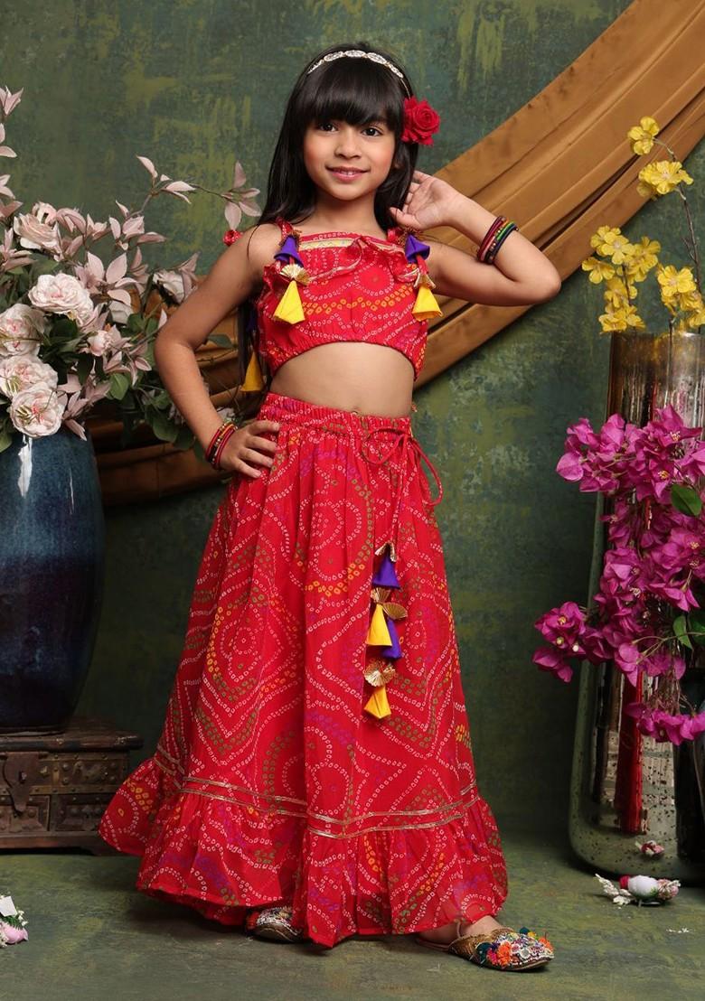 Red Printed Blended Lehenga Choli For Girls - Indya