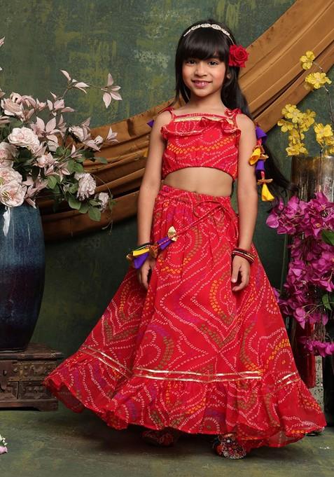 Red Printed Blended Lehenga Choli For Girls — view on Indya