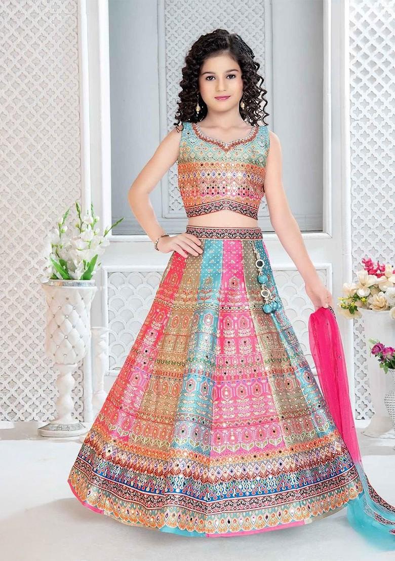 Blue Embellished Blended Lehenga Choli For Girls - Indya