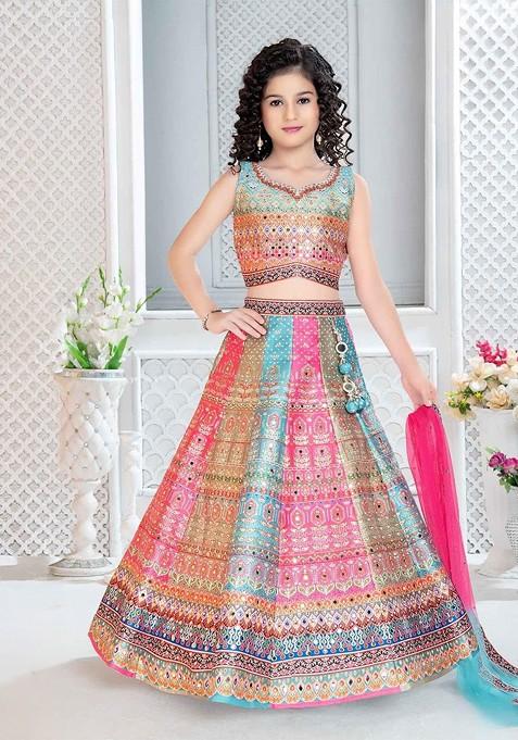 Blue Embellished Blended Lehenga Choli For Girls