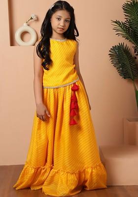 Yellow Printed Blended Lehenga Choli For Girls