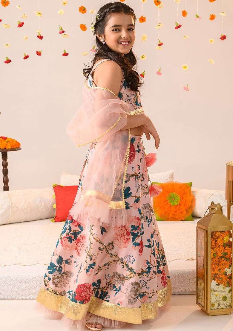 Peach Printed Blended Lehenga Choli For Girls - Indya