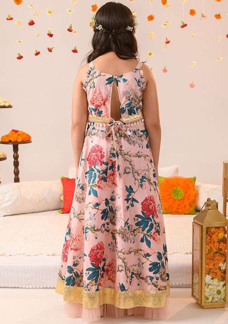 Peach Printed Blended Lehenga Choli For Girls - Indya