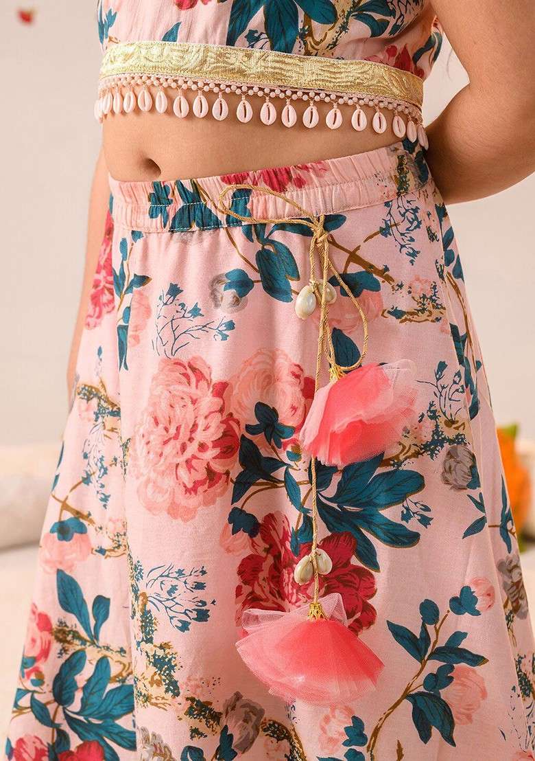 Peach Printed Blended Lehenga Choli For Girls - Indya