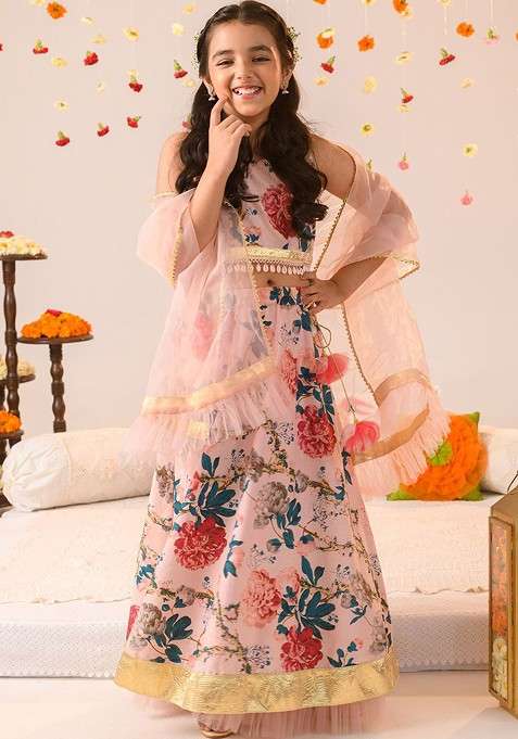 Peach Printed Blended Lehenga Choli For Girls