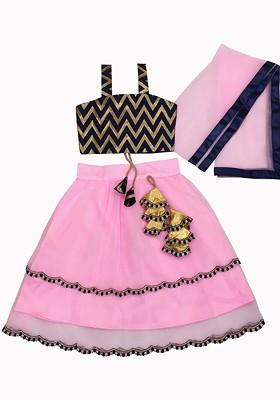Pink Embroidered Blended Lehenga Choli For Girls