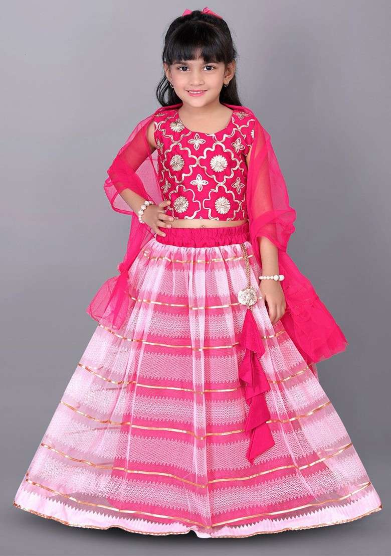 Pink Embellished Blended Lehenga Choli For Girls - Indya