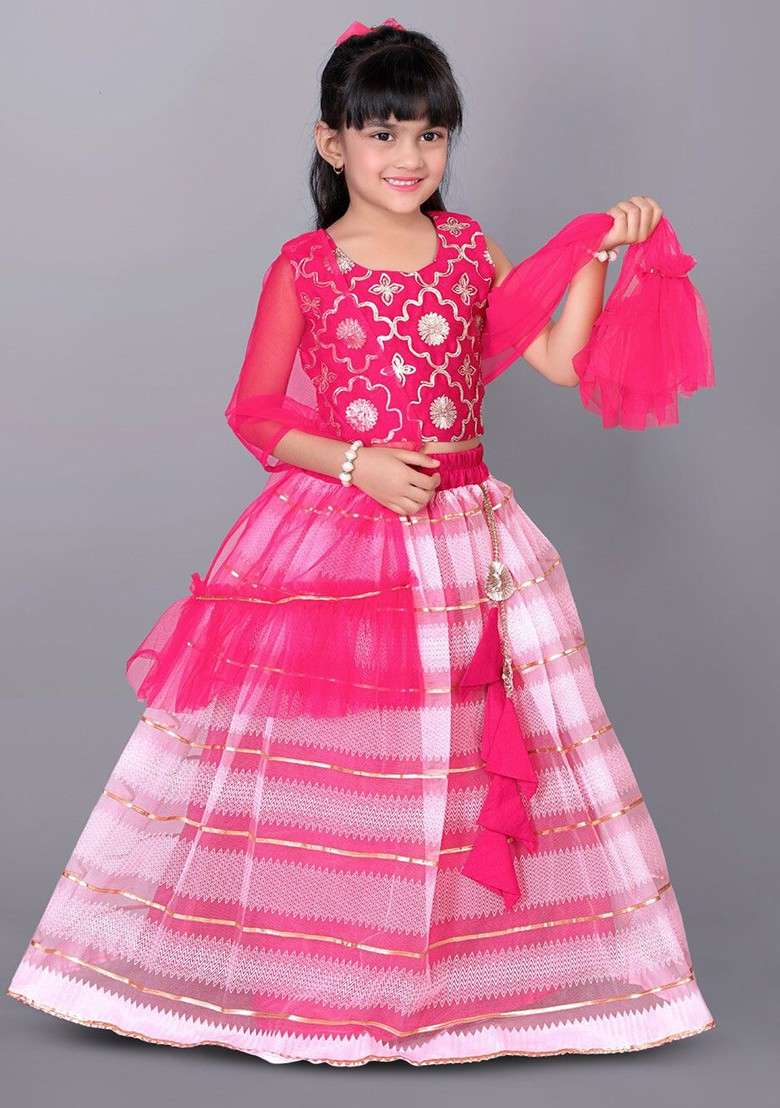 Pink Embellished Blended Lehenga Choli For Girls - Indya