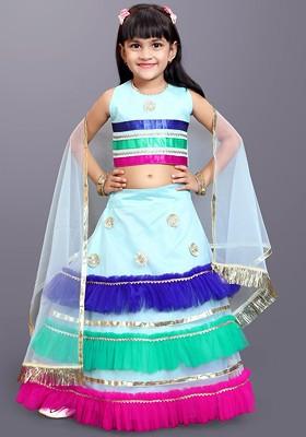Sea Green Embroidered Blended Lehenga Choli For Girls