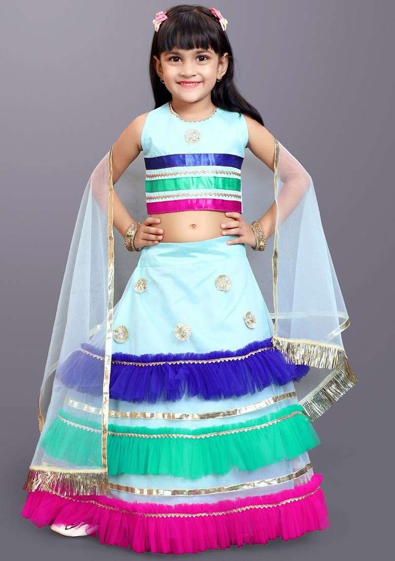 Sea Green Embroidered Blended Lehenga Choli For Girls - Indya