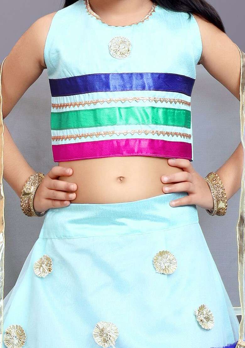 Sea Green Embroidered Blended Lehenga Choli For Girls - Indya