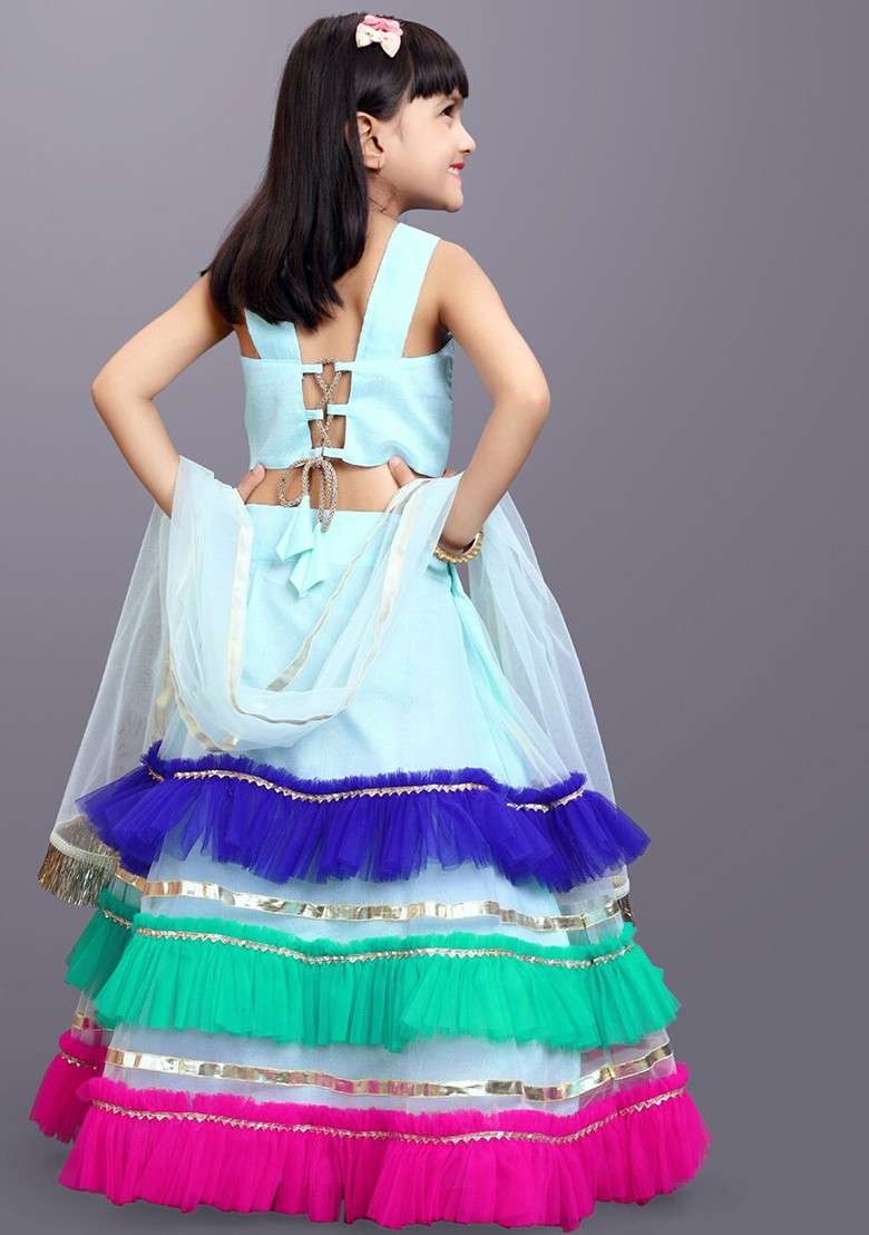 Sea Green Embroidered Blended Lehenga Choli For Girls - Indya