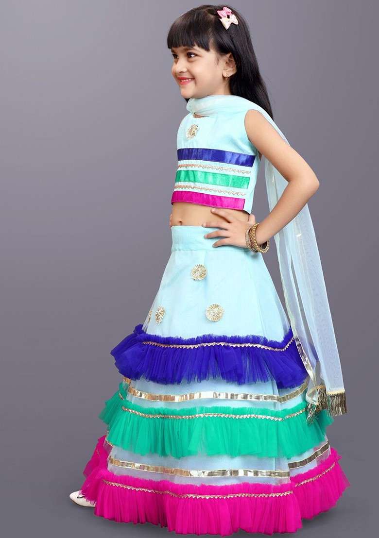Sea Green Embroidered Blended Lehenga Choli For Girls - Indya