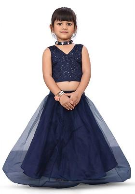 Navy Blue Embroidered Blended Lehenga Choli For Girls