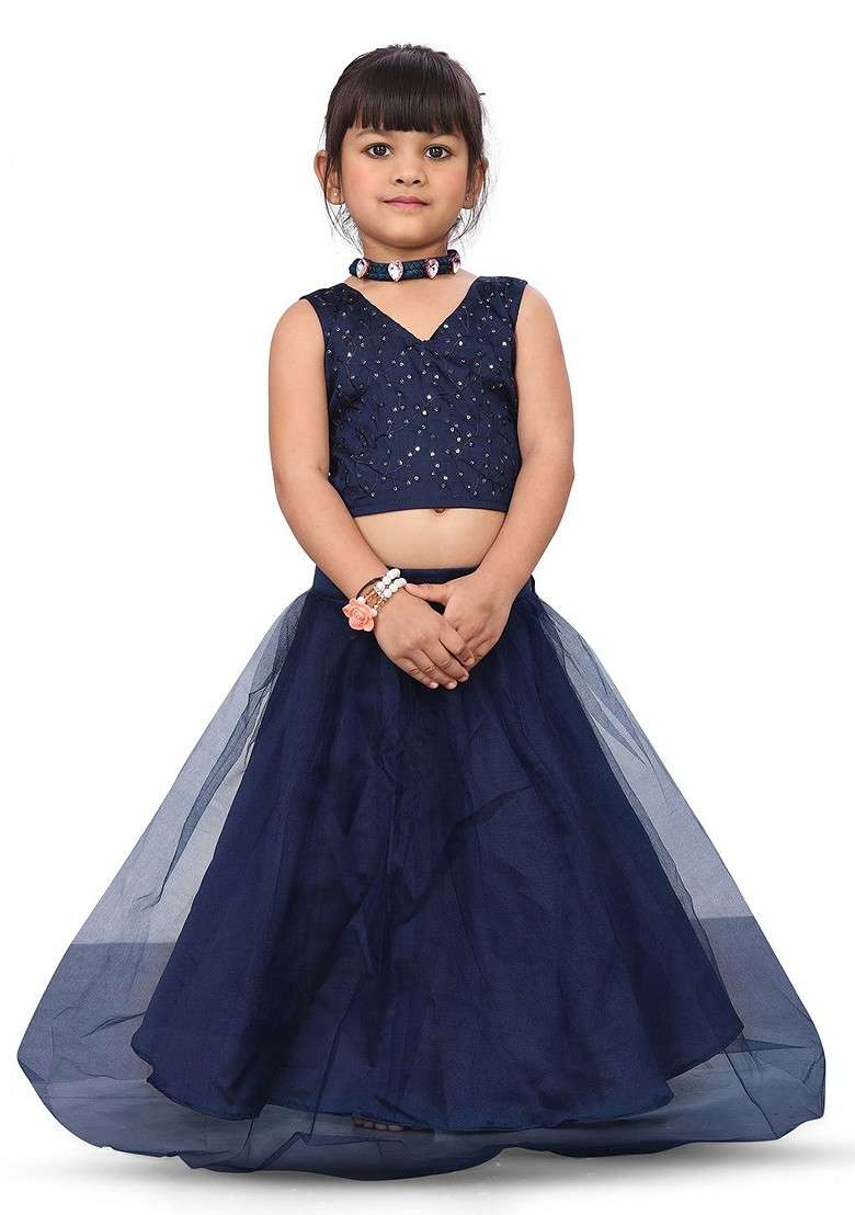 Navy Blue Embroidered Blended Lehenga Choli For Girls - Indya