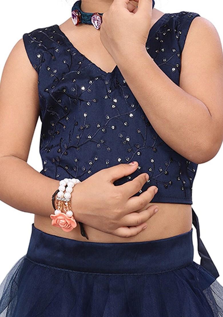 Navy Blue Embroidered Blended Lehenga Choli For Girls - Indya