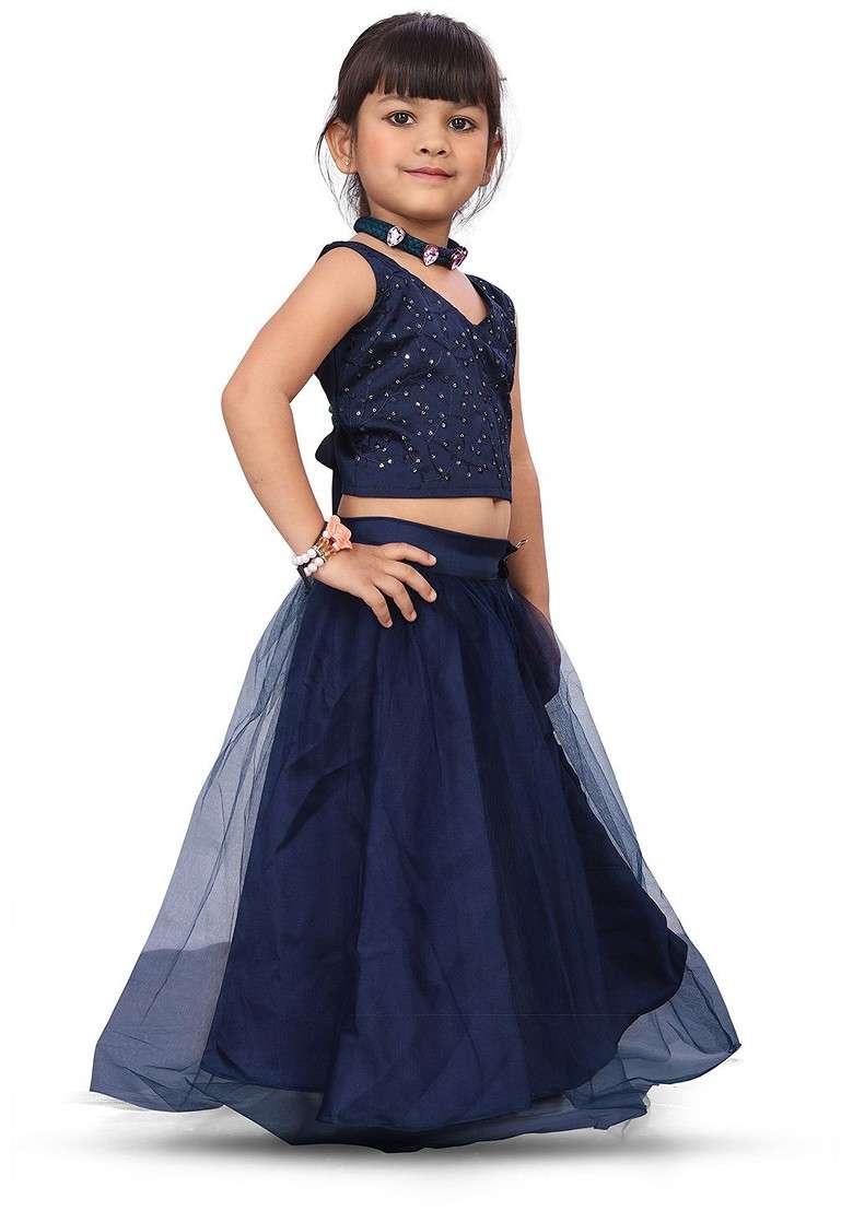 Navy Blue Embroidered Blended Lehenga Choli For Girls - Indya