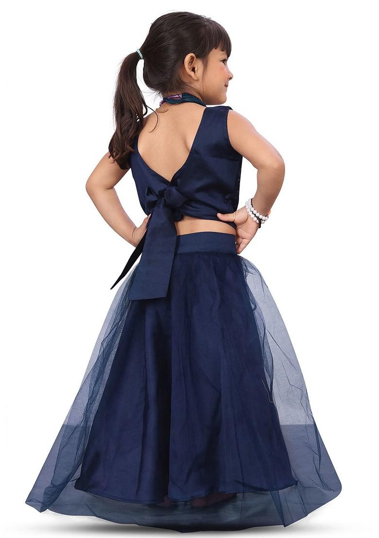 Navy Blue Embroidered Blended Lehenga Choli For Girls - Indya