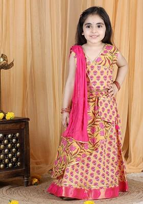 Pink Embroidered Cotton Blend Lehenga Choli For Girls