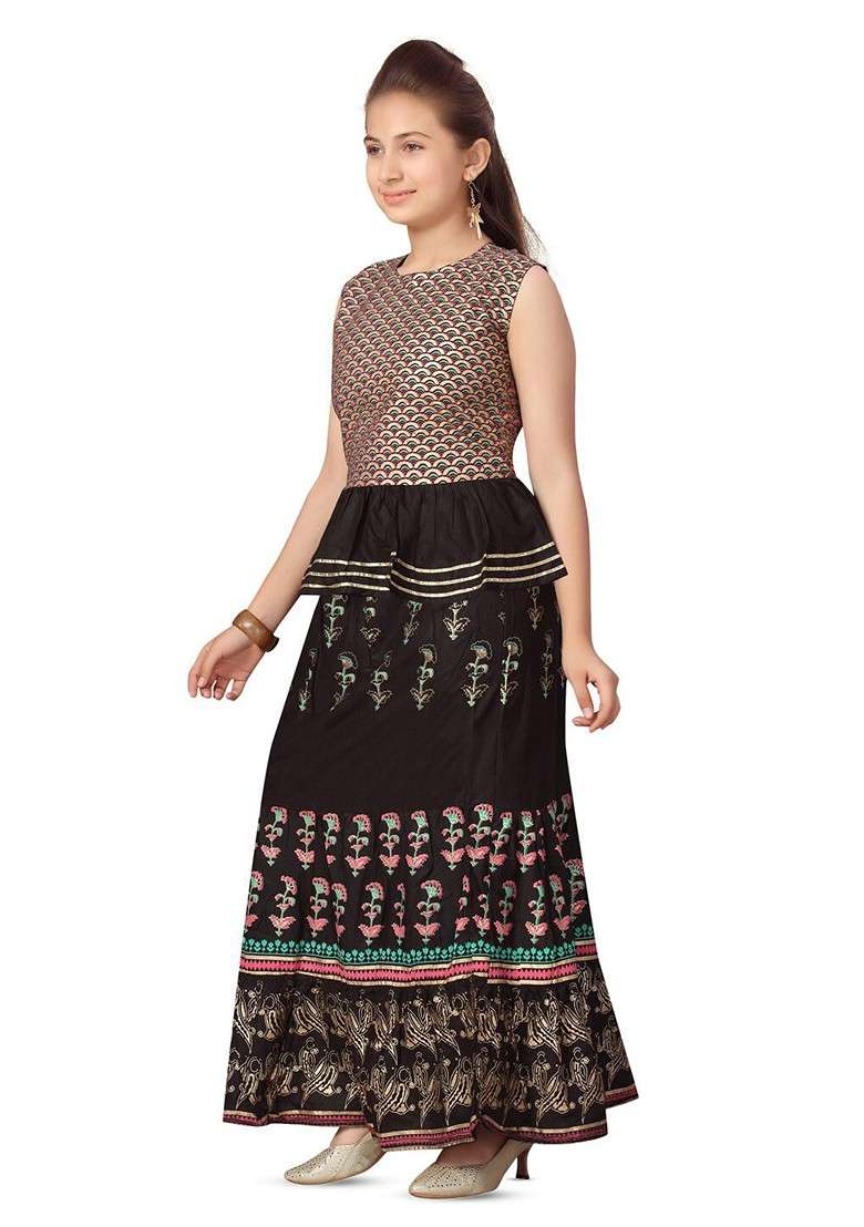 Black Printed Cotton Blend Lehenga Choli For Girls - Indya