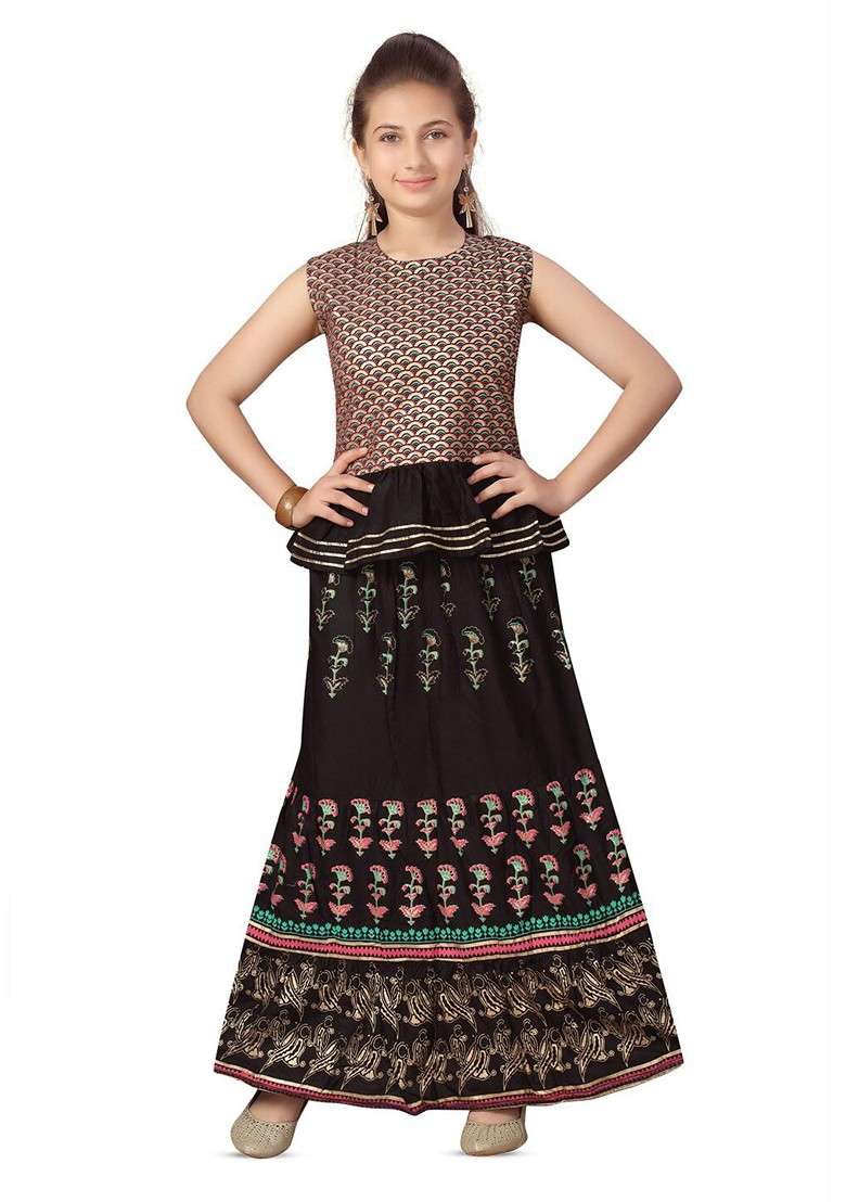 Black Printed Cotton Blend Lehenga Choli For Girls - Indya