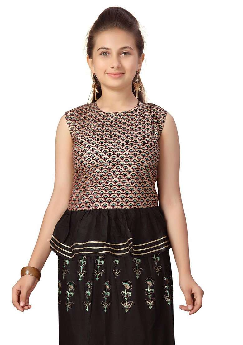 Black Printed Cotton Blend Lehenga Choli For Girls - Indya