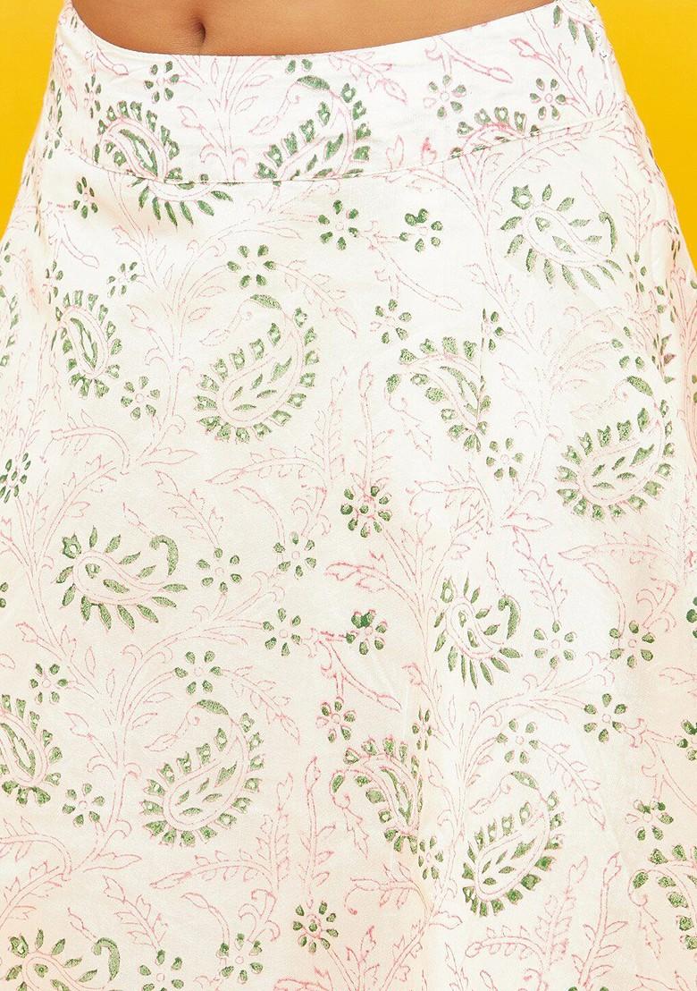 White Printed Blended Lehenga Choli For Girls - Indya