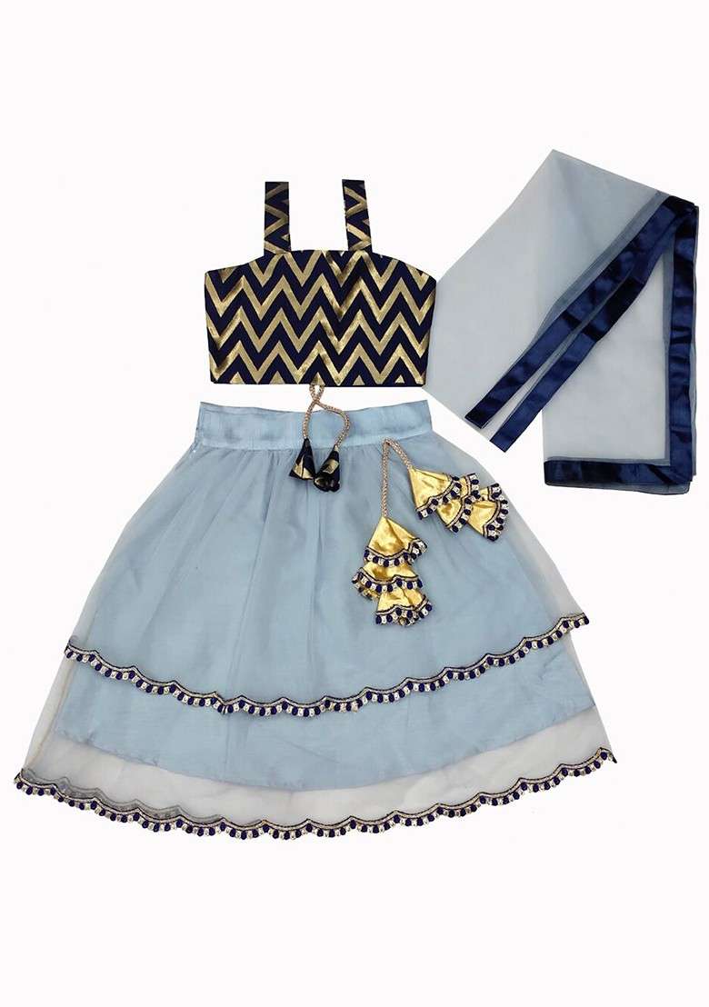 Grey Printed Blended Lehenga Choli For Girls - Indya