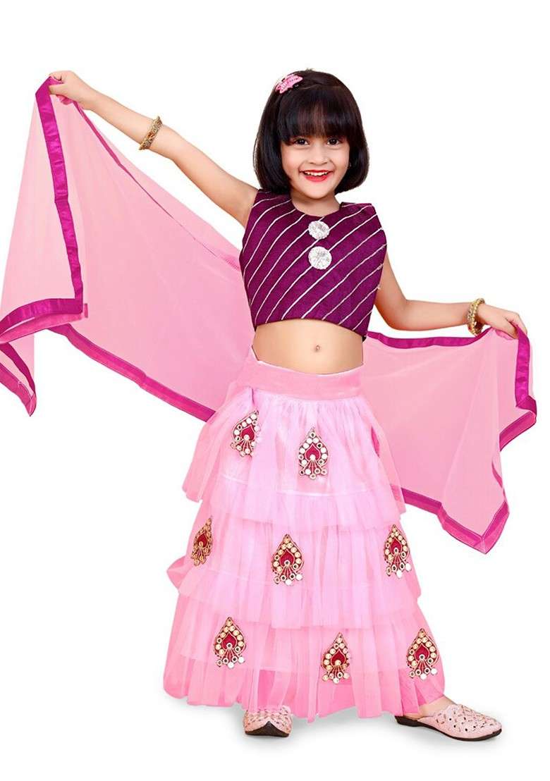 Pink Embroidered Blended Lehenga Choli For Girls - Indya