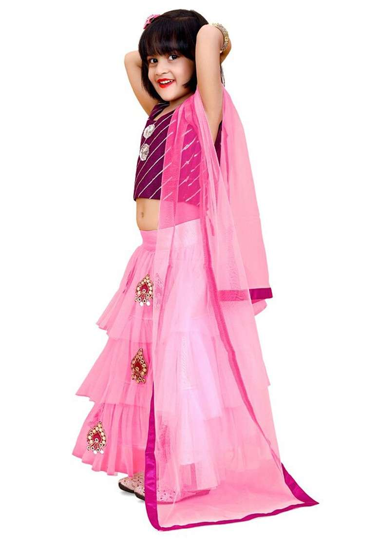 Pink Embroidered Blended Lehenga Choli For Girls - Indya