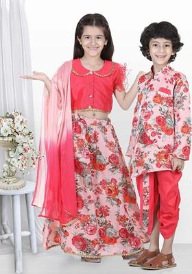 Pink Embroidered Blended Lehenga Choli For Girls