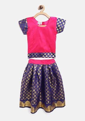 Navy Blue Embroidered Silk Lehenga Choli For Girls