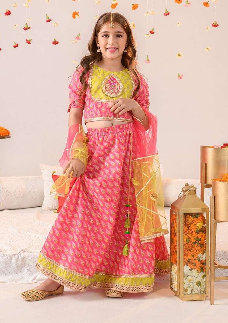 Magenta Printed Blended Lehenga Choli For Girls - Indya