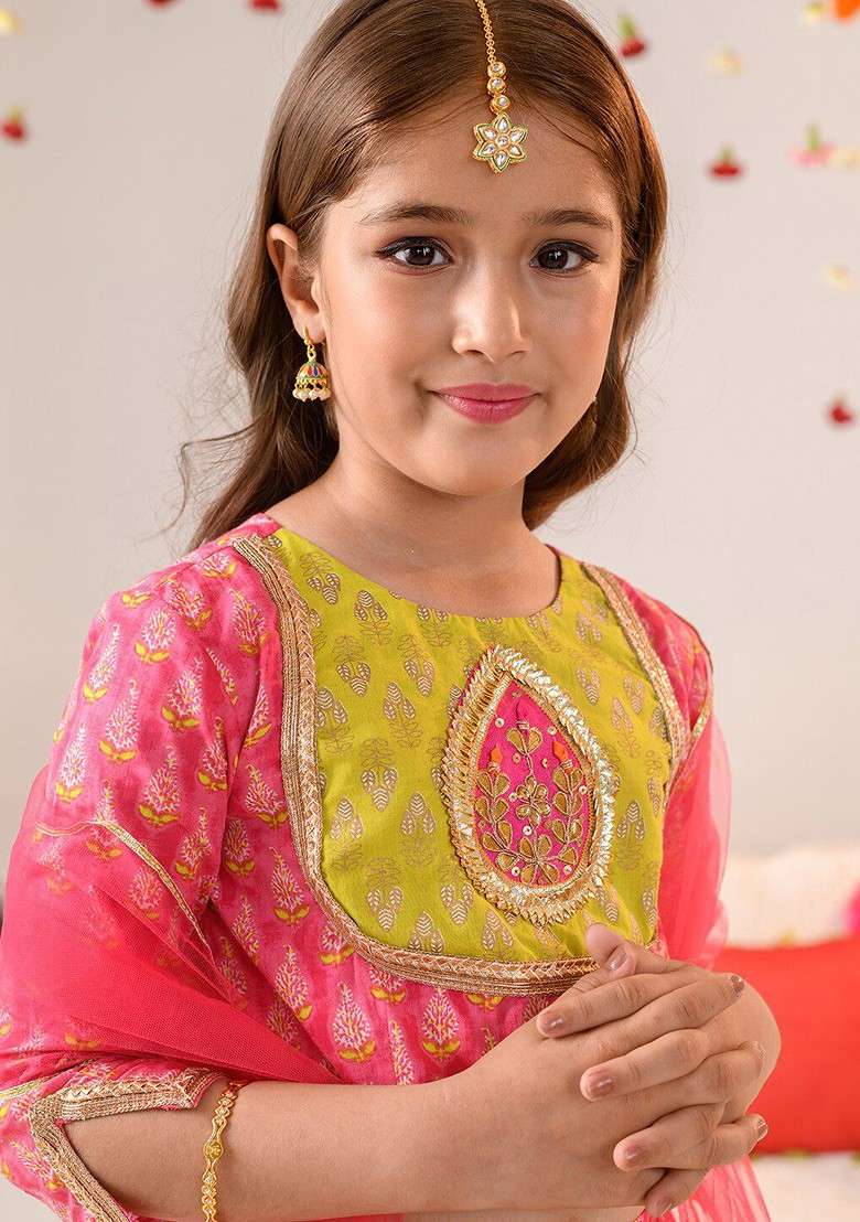 Magenta Printed Blended Lehenga Choli For Girls - Indya