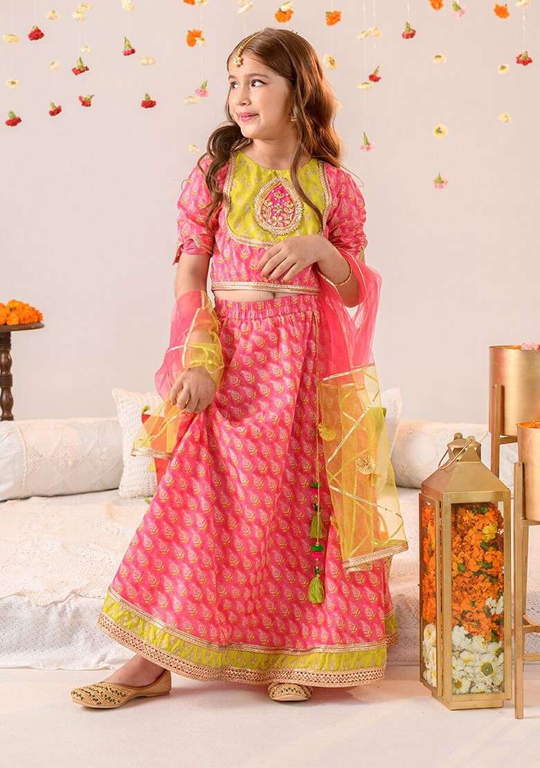 Magenta Printed Blended Lehenga Choli For Girls - Indya