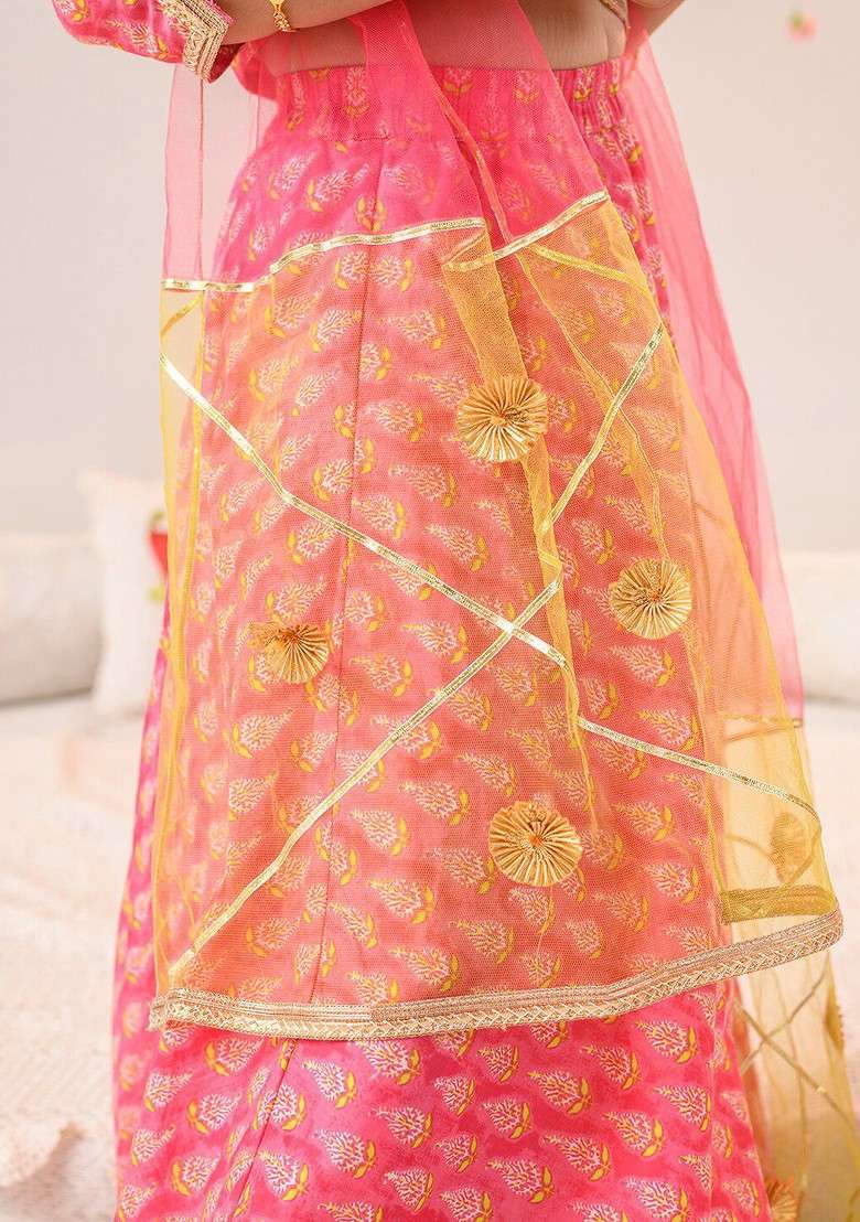 Magenta Printed Blended Lehenga Choli For Girls - Indya