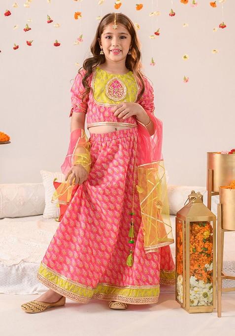 Magenta Printed Blended Lehenga Choli For Girls — view on Indya