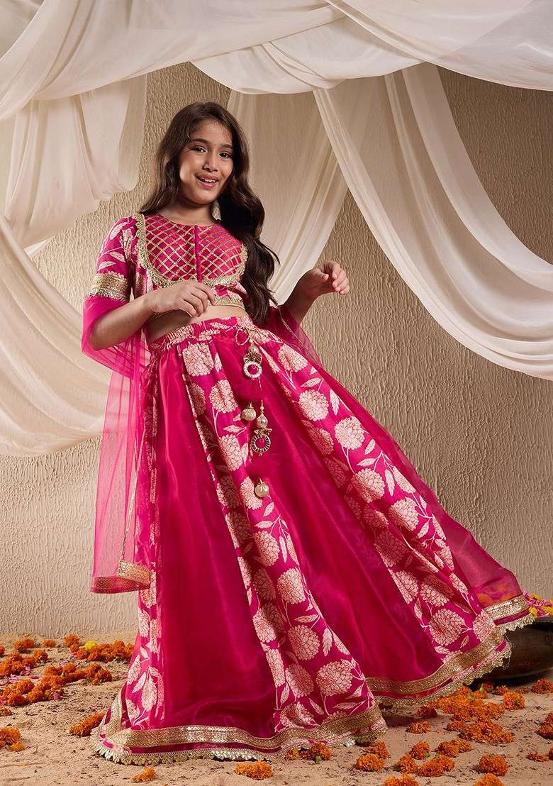 Magenta Printed Blended Lehenga Choli For Girls - Indya