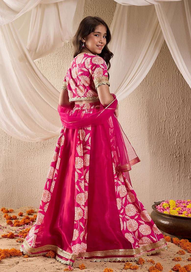 Magenta Printed Blended Lehenga Choli For Girls - Indya