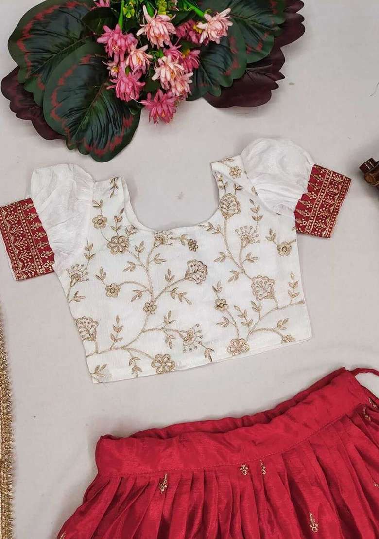 White Embroidered Blended Lehenga Choli For Girls - Indya