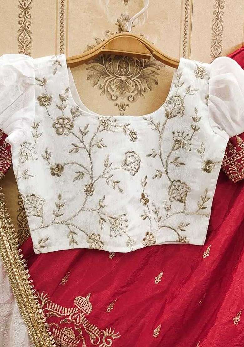 White Embroidered Blended Lehenga Choli For Girls - Indya
