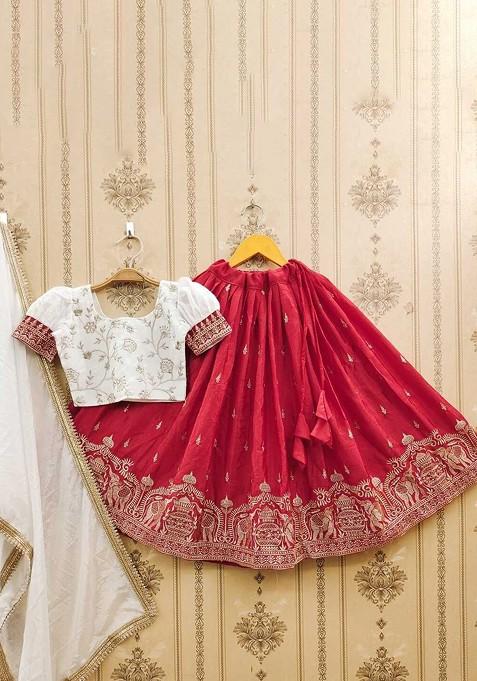 White Embroidered Blended Lehenga Choli For Girls