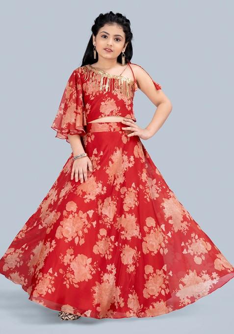 Red Printed Blended Lehenga Choli For Girls — view on Indya