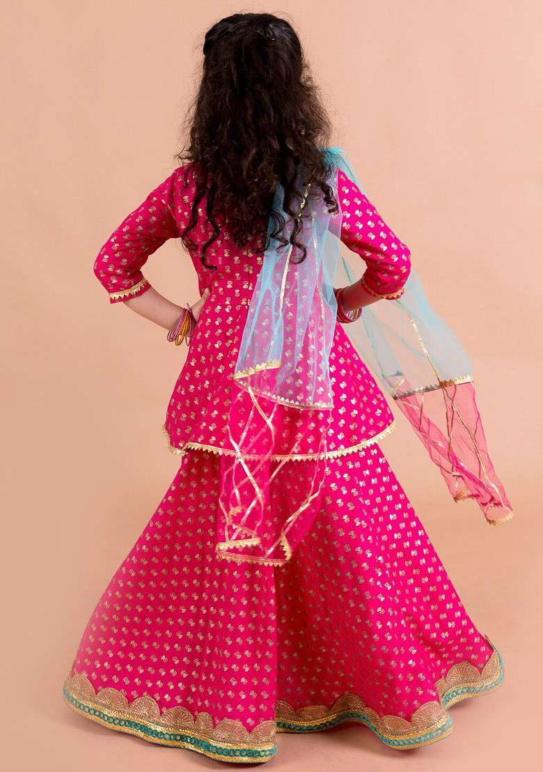 Magenta Printed Blended Lehenga Choli For Girls - Indya