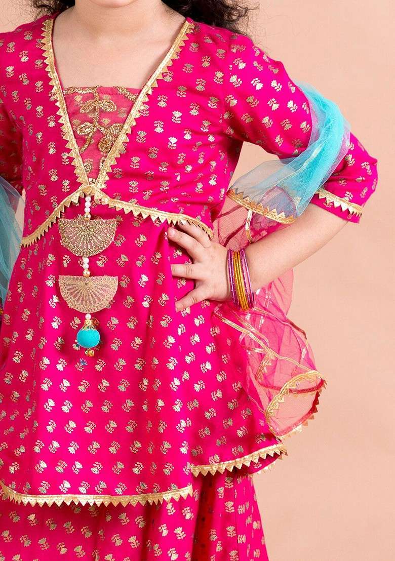 Magenta Printed Blended Lehenga Choli For Girls - Indya