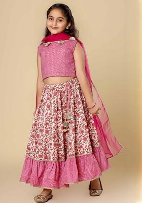 Pink Printed Blended Lehenga Choli For Girls